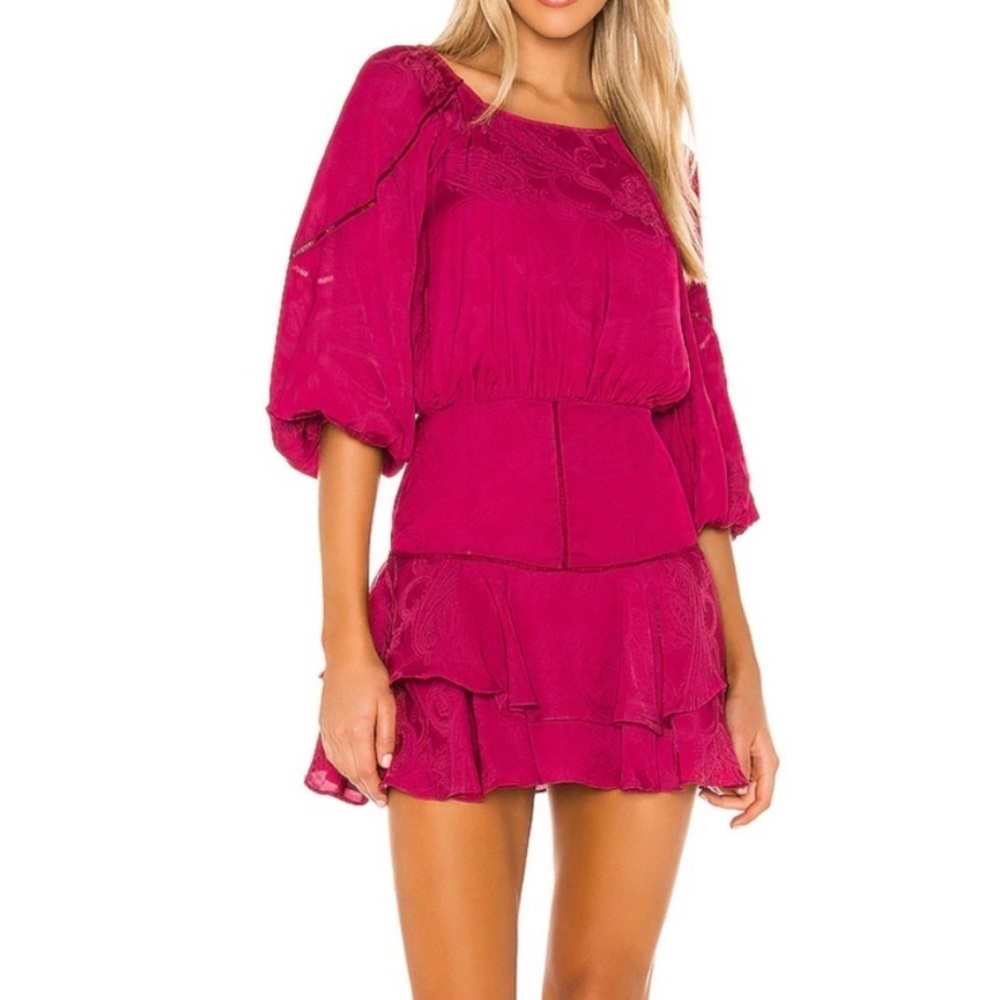 Tularosa Avery Drop Waist Balloon Sleeve Ruffle Satin Mini Dress